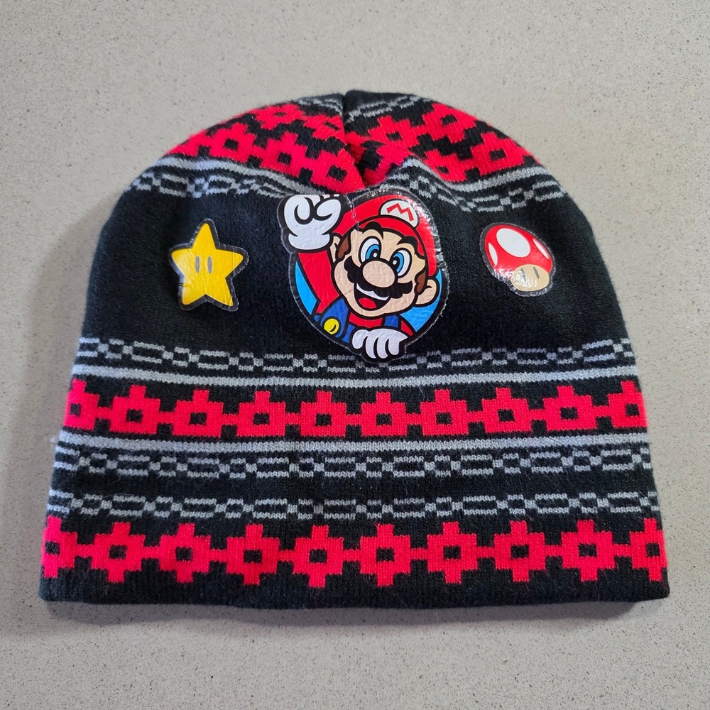 Nintendo Super Mario Knit Beanie Hat Black Red OSFA XH7UP9SMBU0VW00 2019
